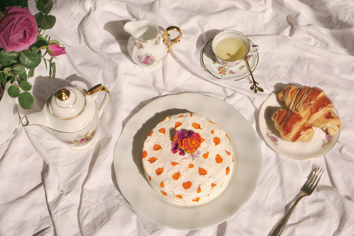 Tea Party with Tea Set, Cake and Croissants